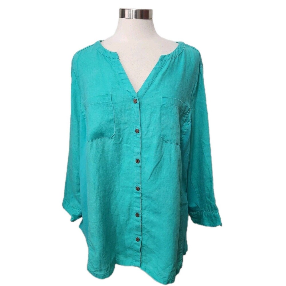 JM COLLECTION Womans Top Blouse 20W Green LINEN Front 3/4 Roll Slv Button Front